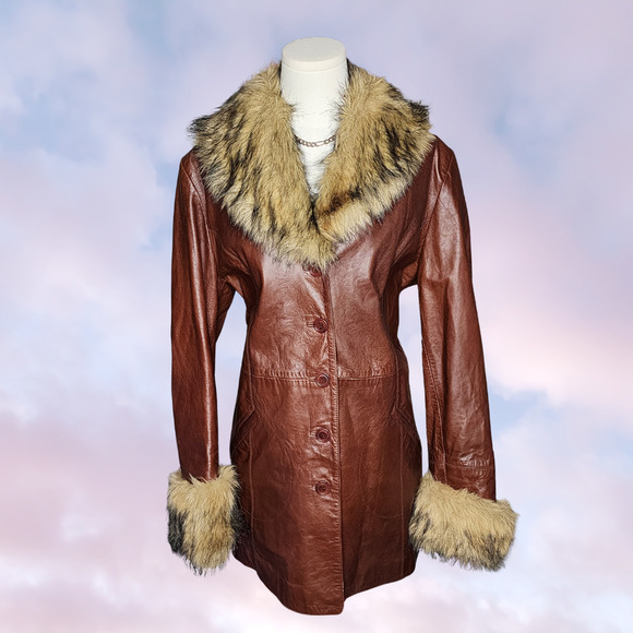 Wilsons Leather Jackets & Blazers - Vtg 90s Wilsons Leather Long Brown Faux Fur Collar Pennylane Trench Coat Sz L